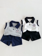 2025 Summer Infant Baby Penguin Pattern Sleeveless Preppy Polo Vest With Shorts Sets Wholesale