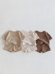 2025 Summer Infant Baby Solid Color Plain Short Sleeves Waffle Grid T-shirt With Shorts Sets Wholesale