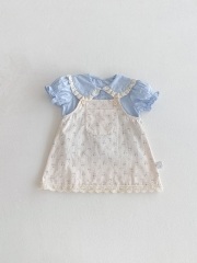 2025 Summer Infant Baby Girls Short Sleeves Blue Top Shirt With Floral Overalls Dress Sets Wholesale