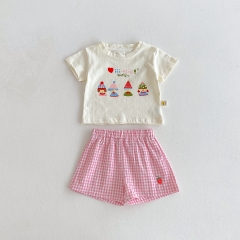 2025 Summer Infant Baby Cartoon Printed Short Sleeves Cute T-shirt With Plaid Shorts Sets Wholesale