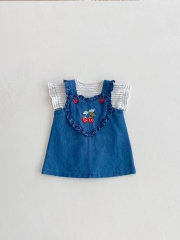 2025 Summer Infant Baby Girls Short Sleeves Striped Top T-Shirt With Denim Overalls Dress Sets Wholesale