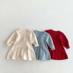 2025 Autumn and Winter Infant Baby Girls Long Sleeves Striped Pattern Knitted Dress Wholesale