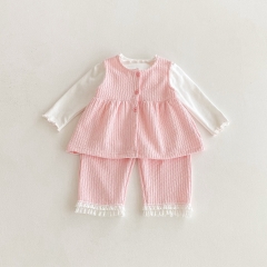 2025 Autumn Infant Baby Girls Beige Long Sleeves Top, Single Breasted Coat With Pants Pink Sets Wholesale