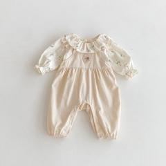 2025 Autumn Infant Baby Kids Girls Floral Pattern Long Sleeves Top With Sleeveless Rompers Overalls Cute Sets Wholesale