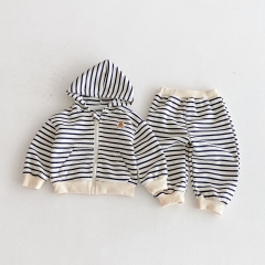 2025 Autumn and Spring Infant Baby Kids Unisex Teddy Bear Pattern Striped Long Sleeves Coat With Pants Sets Wholesale