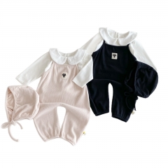 2025 Autumn and Spring Infant Baby Unisex Solid Color Long Sleeves Top With Cartoon Cat Pattern Strap Overalls Sets Wholesale