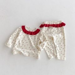 2025 Autumn and Spring Infant Baby Girls Cherry Pattern Long Sleeves Bottoming Top With Pants Sets Wholesale
