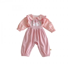 2025 Autumn Infant Baby Girls Pink Long Sleeves Floral Pattern Top and Fly Sleeves Cartoon Embroidered Overalls Rompers Sets Wholesale