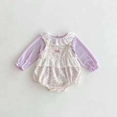 2025 Autumn Infant Baby Girls Purple Long Sleeves Knitted Top and Sleeveless Floral and Rabbits Pattern Overalls Onesies Sets Wholesale