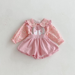 2025 Autumn Infant Baby Girls Pink Long Sleeves Floral Pattern Top and Fly Sleeves Cartoon Embroidered Overalls Onesies Sets Wholesale