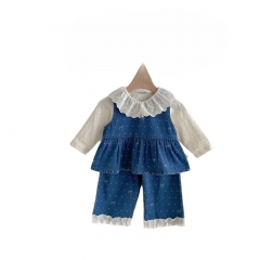 2025 Autumn Infant Baby Girls Beige Long Sleeves Top, Dots Pattern Sleeveless Vest With Pants Sets Wholesale