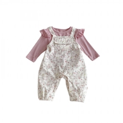 2025 Autumn Infant Baby Girls Pink Long Sleeves Knitted Top and Floral Sleeveless Overalls Sets Wholesale