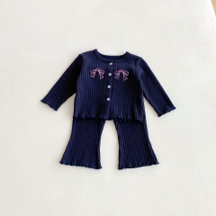 2025 Autumn and Spring Infant Baby Girls Butterfly-bows Pattern Long Sleeves Single Breasted Top With Pants Sets Wholesale