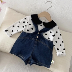 2025 Autumn Infant Baby Girls Long Sleeves Polka Dots Pattern Top and Sleeveless Denim Overalls Onesies Sets Wholesale