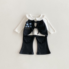 2025 Autumn Infant Baby Girls Beige Long Sleeves Solid Color Top, Flowers Embroidered Sleeveless Vest With Pants Sets Wholesale