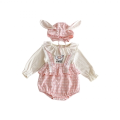 2025 Autumn Infant Baby Girls Beige Long Sleeves Top, Plaid and Hearts Pattern Sleeveless Onesies With Hat Sets Wholesale