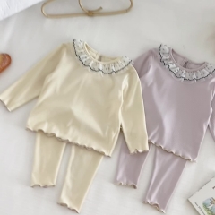 2025 Autumn and Spring Infant Baby Girls Solid Color Long Sleeves Bottoming Top with Floral Collar and Plain Pants Clothing Sets Wholesale