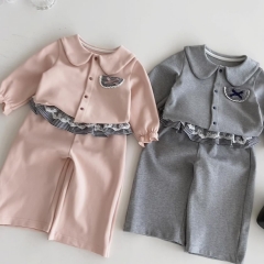 2025 Autumn and Spring Infant Baby Girls Preppy Style Long Sleeves Single Breasted Top With Pants Sets Wholesale