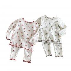 2025 Autumn and Spring Infant Baby Girls Floral Pattern Long Sleeves Bottoming Top With Pants Pajamas Sets Wholesale