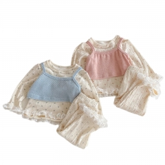 2025 Autumn Infant Baby Girls Beige Long Sleeves Floral Top, Solid Color Sleeveless Vest With Pants Sets Wholesale