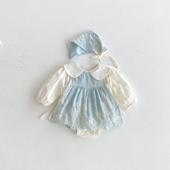 2025 Autumn Infant Baby Girls Beige Long Sleeves Onesies, Flowers Embroidered Sleeveless Vest With Hat Sets Wholesale