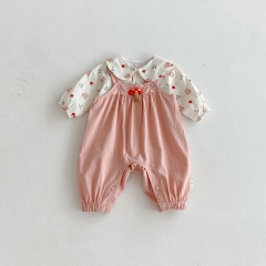 2025 Autumn Infant Baby Girls Cartoon Rabbits and Flowers Pattern Long Sleeves Top with Collar and Sleeveless Mushrooms Pattern Overalls Sets Wholesal