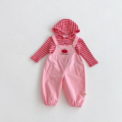 2025 Autumn Infant Baby Girls Pink Long Sleeves Striped Pattern Top with Hood and Sleeveless Fruit Pattern Overalls Sets Wholesale