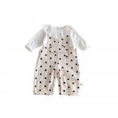 2025 Autumn Infant Baby Girls Beige Long Sleeves Solid Color Top with Collar and Sleeveless Polka Dots Pattern Overalls Sets Wholesale
