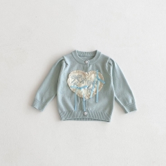 New Arrival Autumn and Spring Infant Baby Girls Heart Pattern Butterfly-bow Decorated Long Sleeves Single Breasted Knitted Cardigan Wholesale