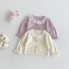 New Arrival Autumn and Spring Infant Baby Girls Hollow-out and Striped Pattern Long Sleeves Single Breasted Knitted Cardigan Wholesale