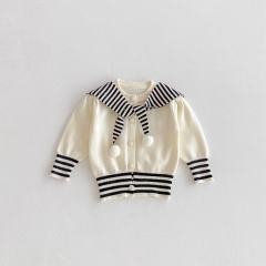 New Arrival Autumn and Spring Infant Baby Girls Striped Pattern Navy Collar Long Sleeves Single Breasted Knitted Cardigan Wholesale