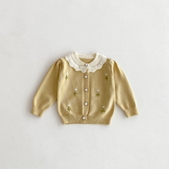 New Arrival Autumn and Spring Infant Baby Girls Flowers Embroidery Pattern Long Sleeves Single Breasted Knitted Cardigan Wholesale