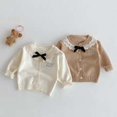 New Arrival Autumn and Spring Infant Baby Girls Flowers Embroidery Pattern Collar Long Sleeves Single Breasted Knitted Cardigan Wholesale
