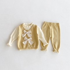 2025 Autumn and Winter Infant Baby Girls Solid Color Long Sleeves Top, Butterfly-bow Decorated Vest With Pants Sets Wholesale