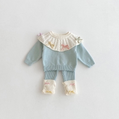 2025 Autumn and Winter Infant Baby Girls Butterfly-bows Decorated Long Sleeves Sweater With Pants Sets Wholesale