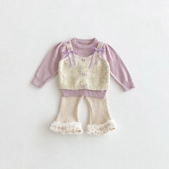 2025 Autumn and Winter Infant Baby Girls Butterfly-bows Decorated Color Patchwork Long Sleeves Sweater With Pants Sets Wholesale