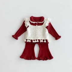 2025 Autumn Infant Baby Girls Sriped Pattern Long Sleeves Top, Tassel Decorated Sleeveless Vest With Pants Knitted Sets Wholesale