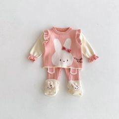 2025 Autumn and Winter Infant Baby Girls Butterfly-bows Decorated Rabbit Pattern Long Sleeves Sweater With Pants Sets Wholesale