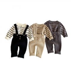 2025 Autumn Infant Baby Unisex Long Sleeves Striped Knitted Top with Solid Color Sleeveless Overalls Sets Wholesale