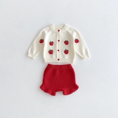 2025 Autumn Infant Baby Girls Strawberry Pattern Long Sleeves Cardigan With Bloomers Sets Wholesale
