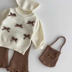 2025 Autumn Infant Baby Girls Butterfly-bows Decorated Long Sleeves Top Sweater, Brown Handbag With Pants Knitted Sets Wholesale