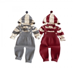 2025 Autumn Infant Baby Unisex Long Sleeves Striped Knitted Top Hoodie with Solid Color Sleeveless Overalls Sets Wholesale