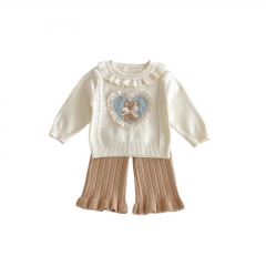 2025 Autumn Infant Baby Girls Teddy Bear and Heart Pattern Long Sleeves Sweater With Beige Pants Sets Wholesale