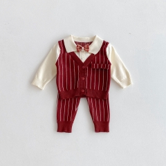 2025 Autumn and Spring Infant Baby Boys Butterfly-bow Decorated Color Patchwork Long Sleeves Striped Sweater With Pants Suit Sets Wholesale