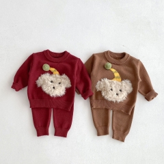 2025 Autumn Infant Baby Girls Teddy Bear Cartoon Pattern Long Sleeves Sweater With Plain Pants Sets Wholesale
