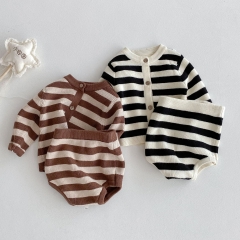 2025 Autumn Infant Baby Unisex Striped Pattern Long Sleeves Cardigan With Bloomers Sets Wholesale