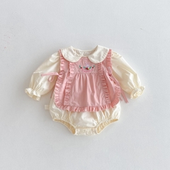 2025 Autumn Infant Baby Girls Solid Color Long Sleeves Onesies with Flowers Embroidered Sleeveless Vest Sets Wholesale