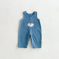 2025 Autumn Infant Baby Kids Unisex Sleeveless Teddy Face Pattern Denim Overalls Wholesale