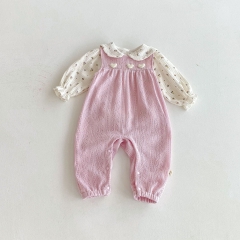 2025 Autumn Infant Baby Girls Long Sleeves Floral Top with Hollow-out Sleeveless Rompers Overalls Sets Wholesale