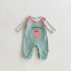 2025 Autumn Infant Baby Girls Long Sleeves Striped Top with Cartoon Sleeveless Rompers Overalls Sets Wholesale